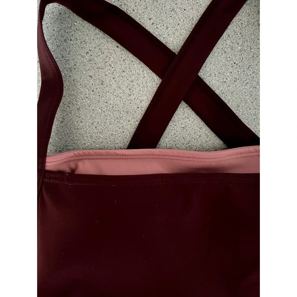 Activewear Set Cropped Cross Back Tank and High Waisted Biker Shorts Plum Small
